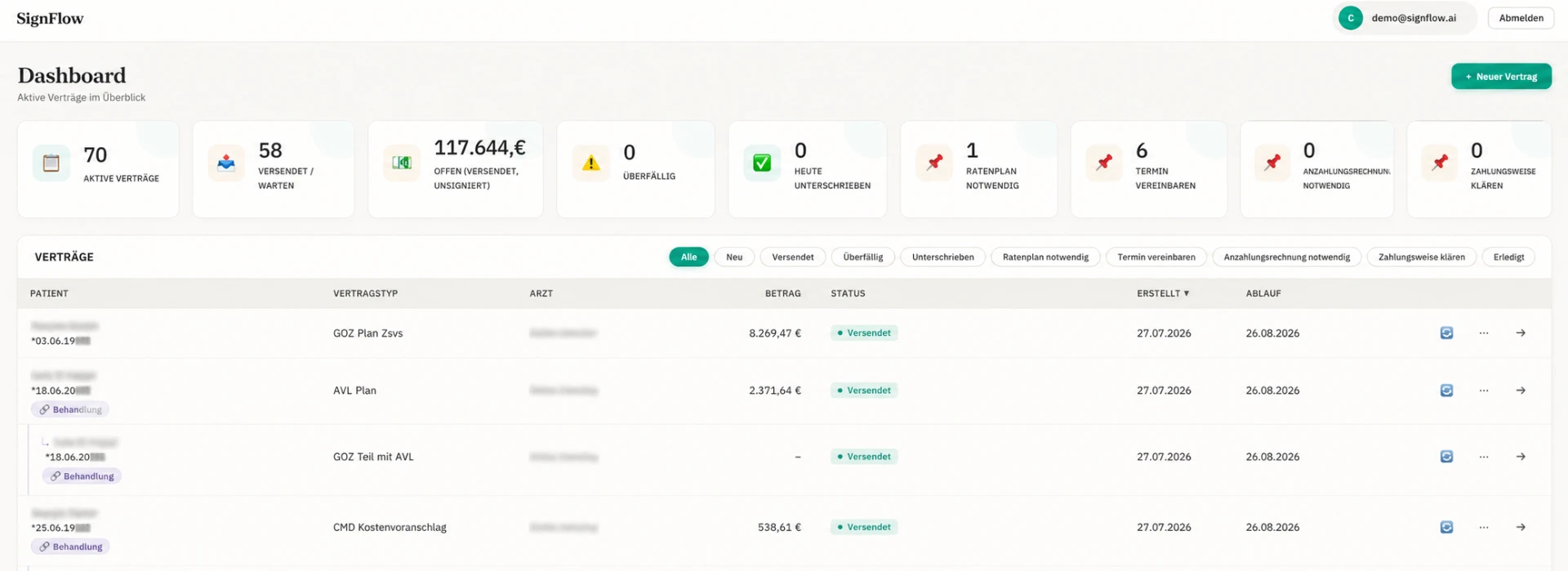 SignFlow Dashboard mit HKP-Übersicht, Status und Beträgen